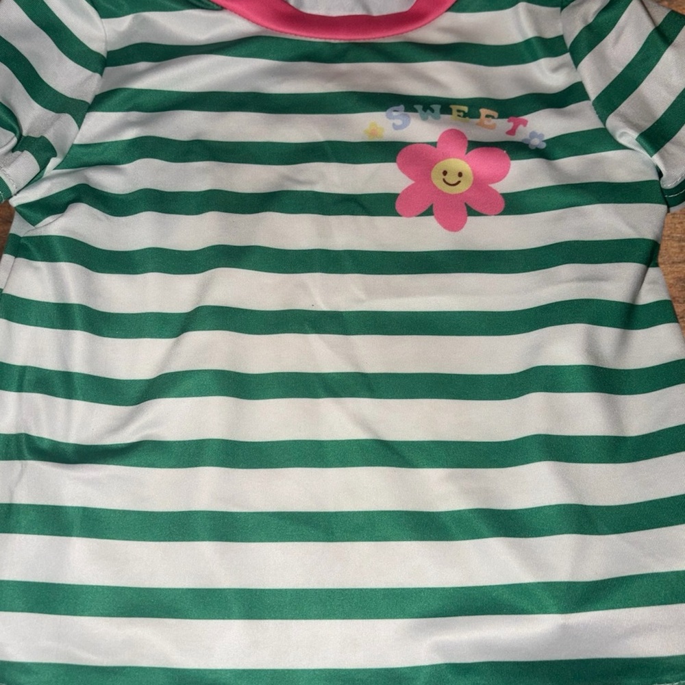 SHEIN Green & White Striped Tee with Pink Flower